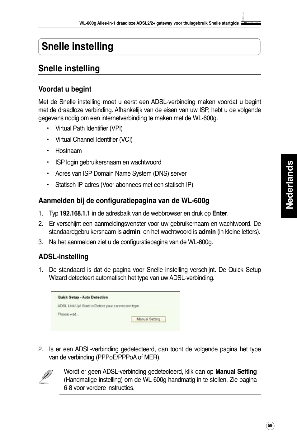 Snelle instelling, Nederlands snelle instelling | Asus WL-600g User Manual | Page 60 / 417