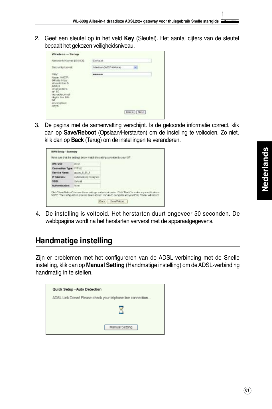 Nederlands, Handmatige instelling | Asus WL-600g User Manual | Page 62 / 417