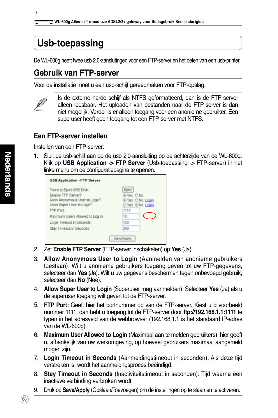 Usb-toepassing, Nederlands, Gebruik van ftp-server | Asus WL-600g User Manual | Page 69 / 417