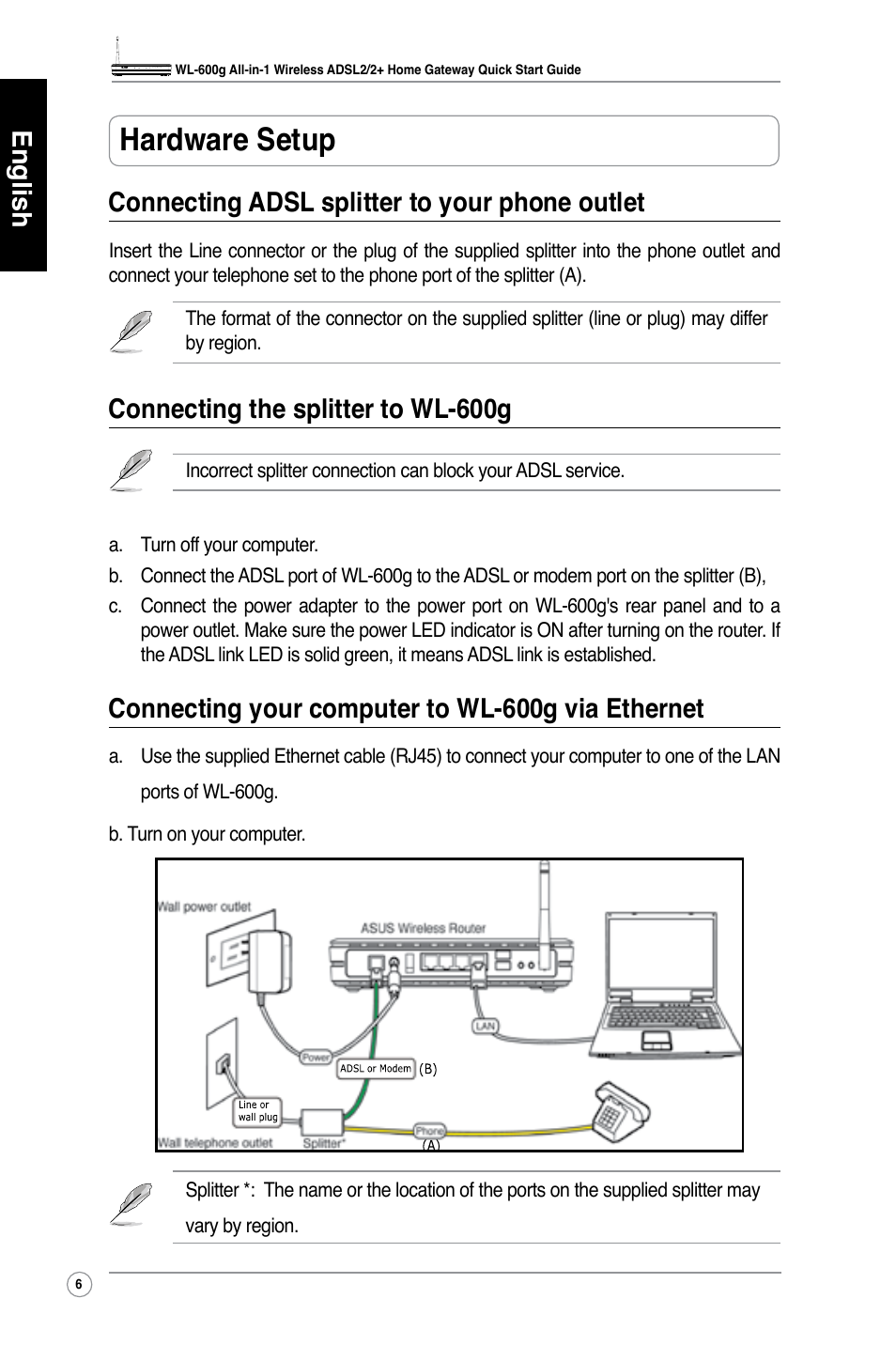 Hardware setup, Connecting the splitter to wl-600g, Connecting your computer to wl-600g via ethernet | Asus WL-600g User Manual | Page 7 / 417