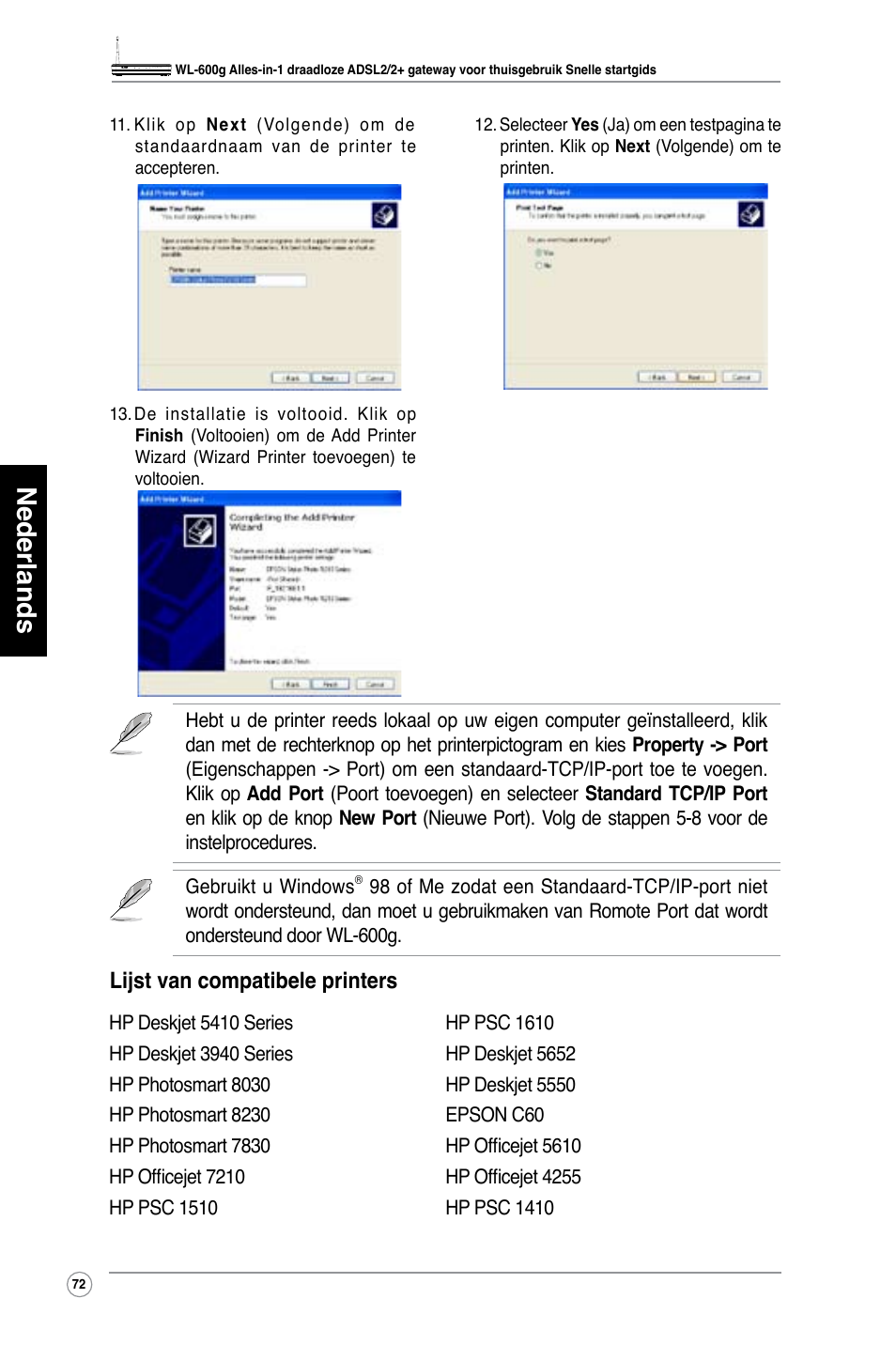 Nederlands, Lijst van compatibele printers | Asus WL-600g User Manual | Page 73 / 417