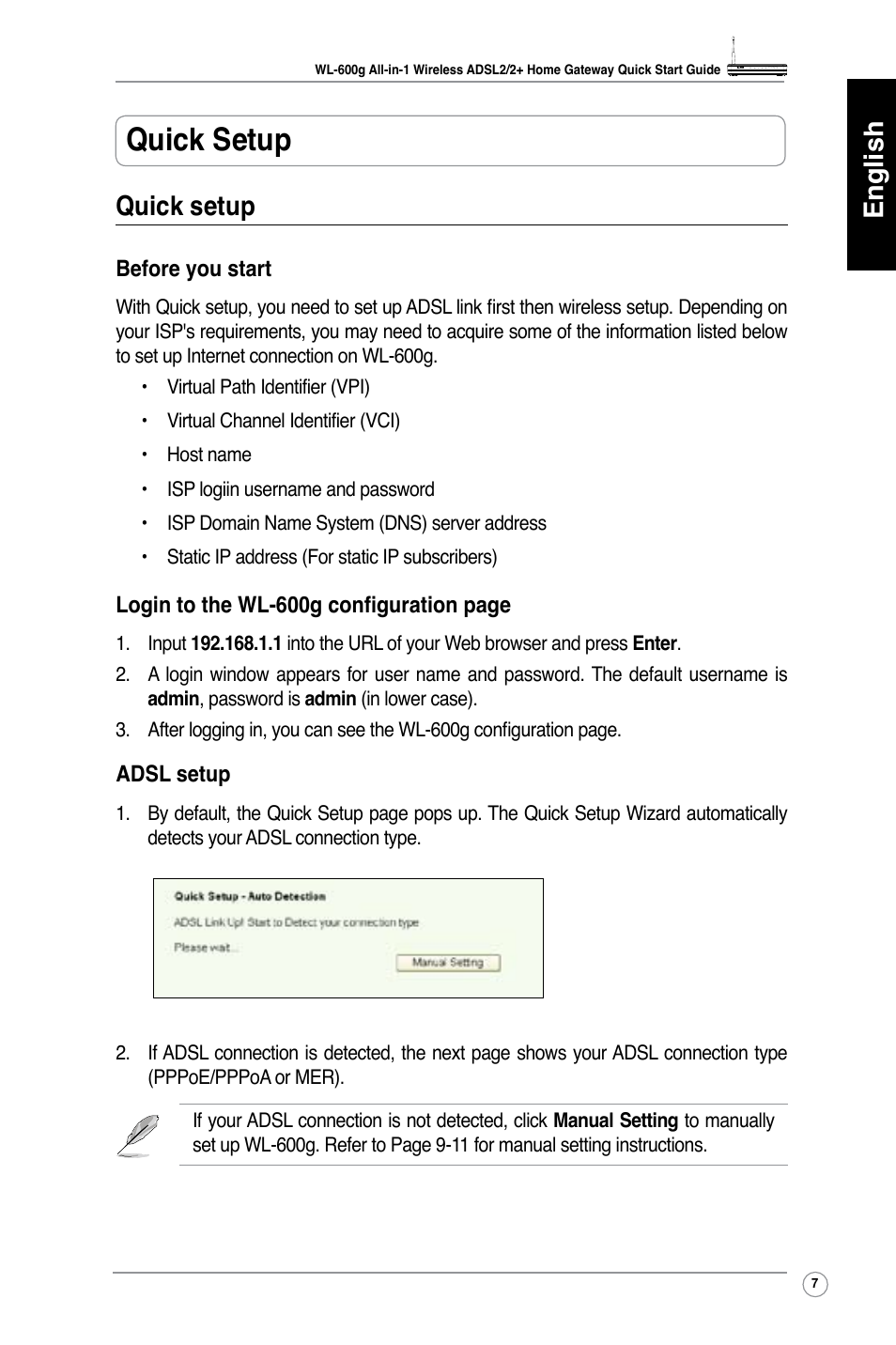 Quick setup, English quick setup | Asus WL-600g User Manual | Page 8 / 417