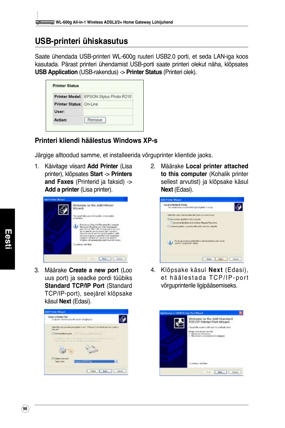 Eesti usb-printeri ühiskasutus | Asus WL-600g User Manual | Page 97 / 417