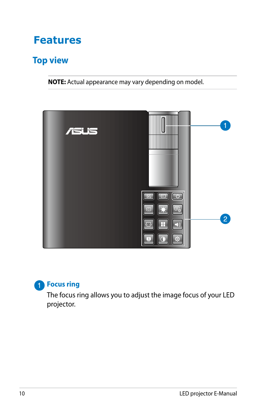 Features, Top view | Asus P2M User Manual | Page 10 / 64