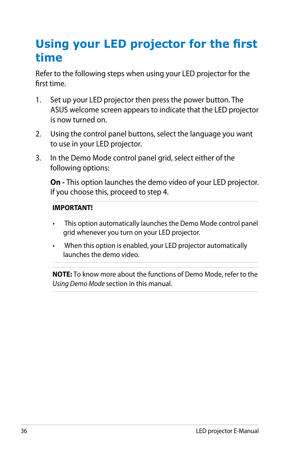 Using your led projector for the first time | Asus P2M User Manual | Page 36 / 64