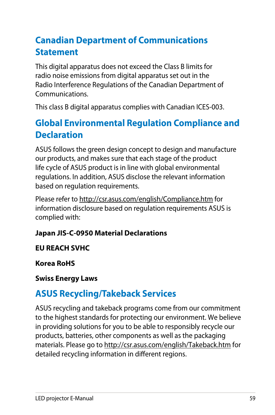 Canadian department of communications statement, Asus recycling/takeback services | Asus P2M User Manual | Page 59 / 64