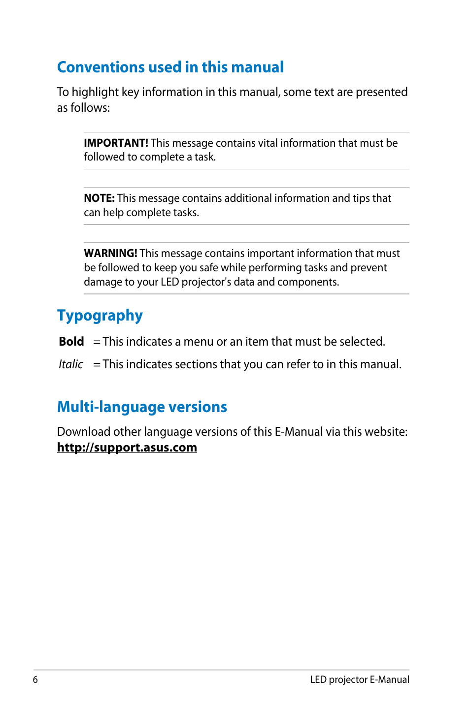 Conventions used in this manual, Typography, Multi-language versions | Asus P2M User Manual | Page 6 / 64