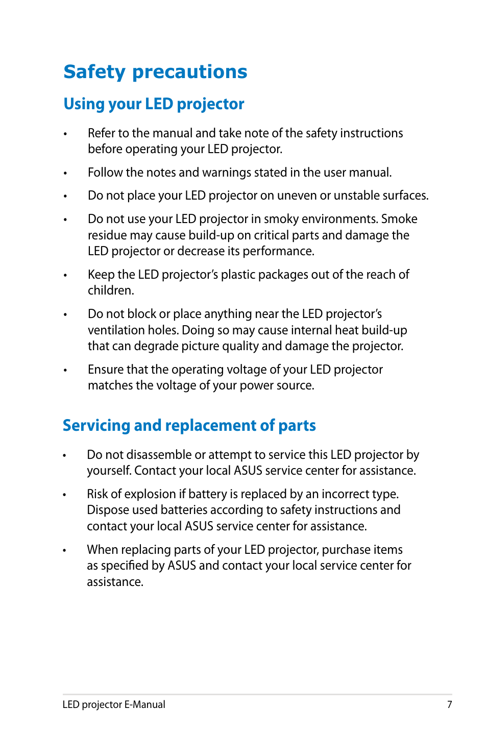 Safety precautions, Using your led projector, Servicing and replacement of parts | Asus P2M User Manual | Page 7 / 64