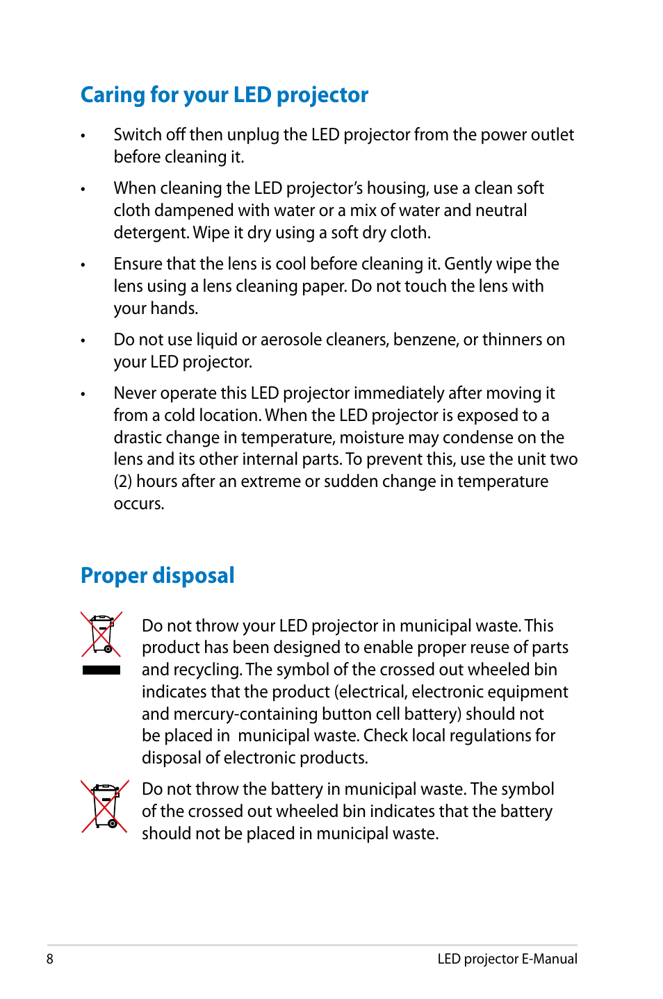 Caring for your led projector, Proper disposal, Caring for your led projector proper disposal | Asus P2M User Manual | Page 8 / 64