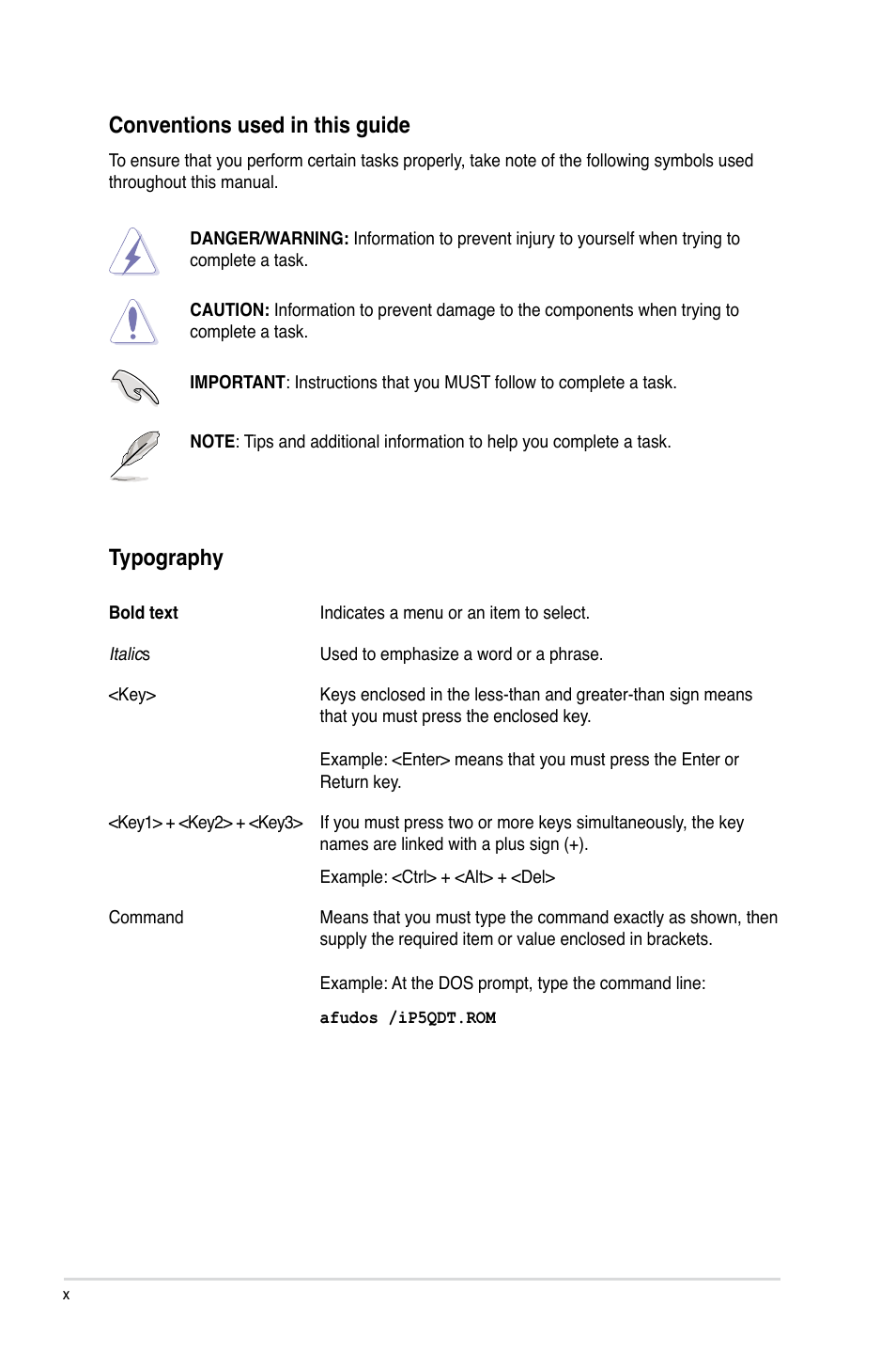 Conventions used in this guide, Typography | Asus P5QD Turbo User Manual | Page 10 / 114