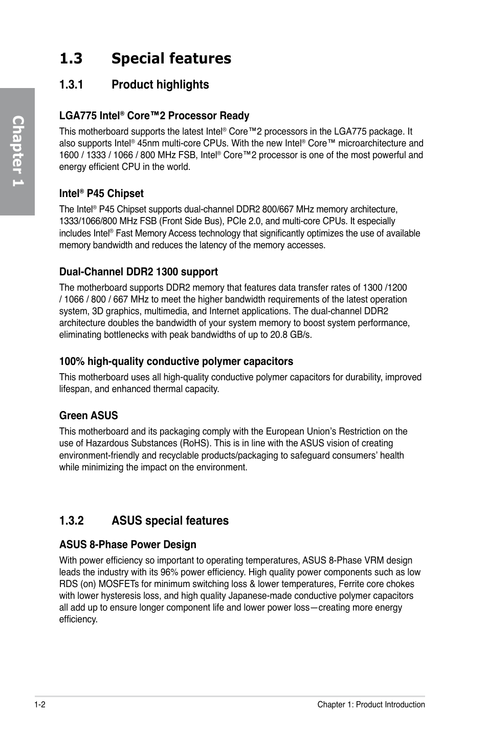 3 special features, 1 product highlights, 2 asus special features | Special features -2 1.3.1, Product highlights -2, Asus special features -2, Chapter 1 1.3 special features | Asus P5QD Turbo User Manual | Page 16 / 114