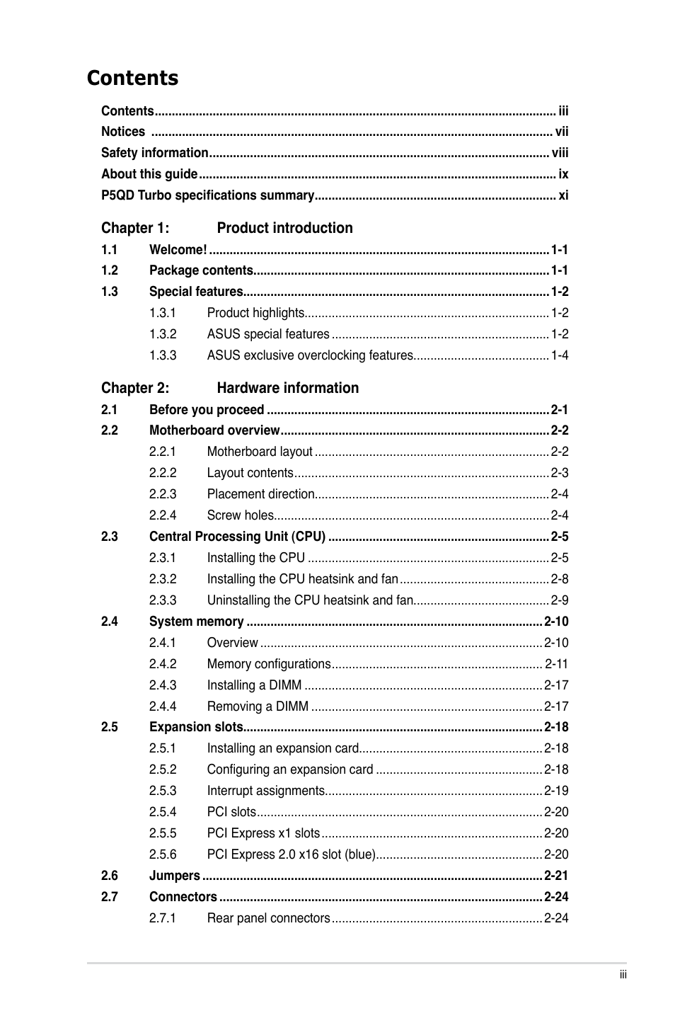 Asus P5QD Turbo User Manual | Page 3 / 114