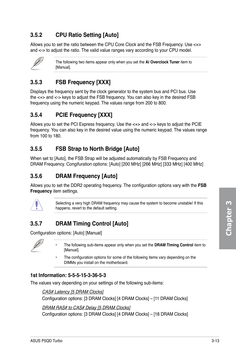 2 cpu ratio setting [auto, 3 fsb frequency [xxx, 4 pcie frequency [xxx | 5 fsb strap to north bridge [auto, 6 dram frequency [auto, 7 dram timing control [auto, Cpu ratio setting [auto] -13, Fsb frequency [xxx] -13, Pcie frequency [xxx] -13, Fsb strap to north bridge [auto] -13 | Asus P5QD Turbo User Manual | Page 71 / 114