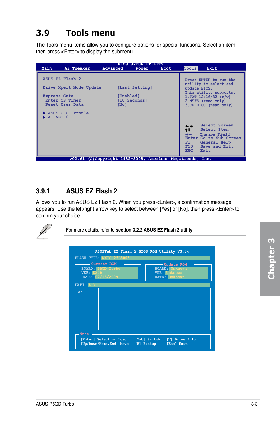 9 tools menu, 1 asus ez flash 2, Tools menu -31 3.9.1 | Asus ez flash 2 -31, Chapter 3 3.9 tools menu | Asus P5QD Turbo User Manual | Page 89 / 114