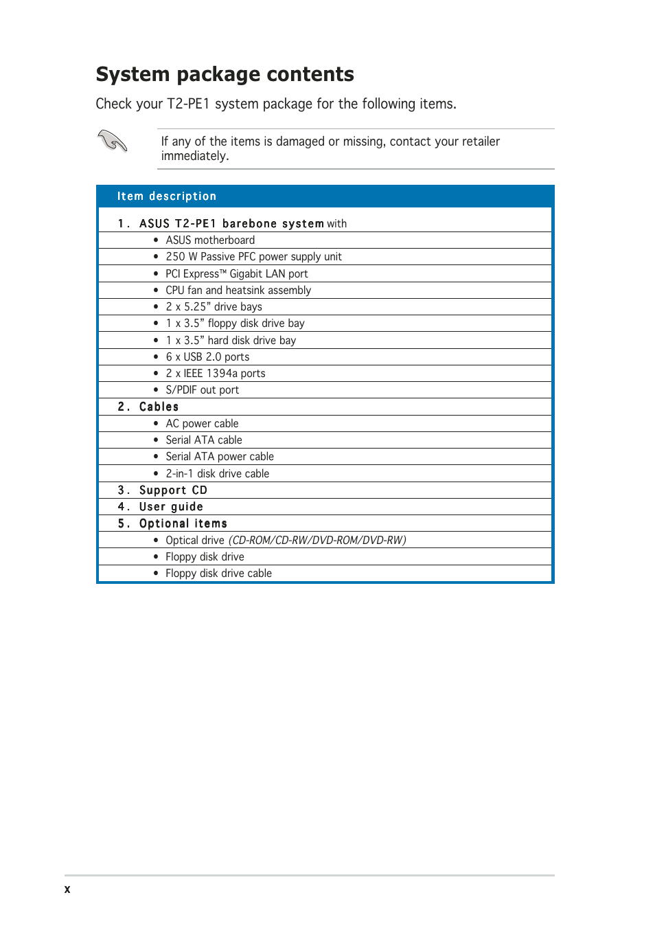 System package contents | Asus T2-PE1 User Manual | Page 10 / 110