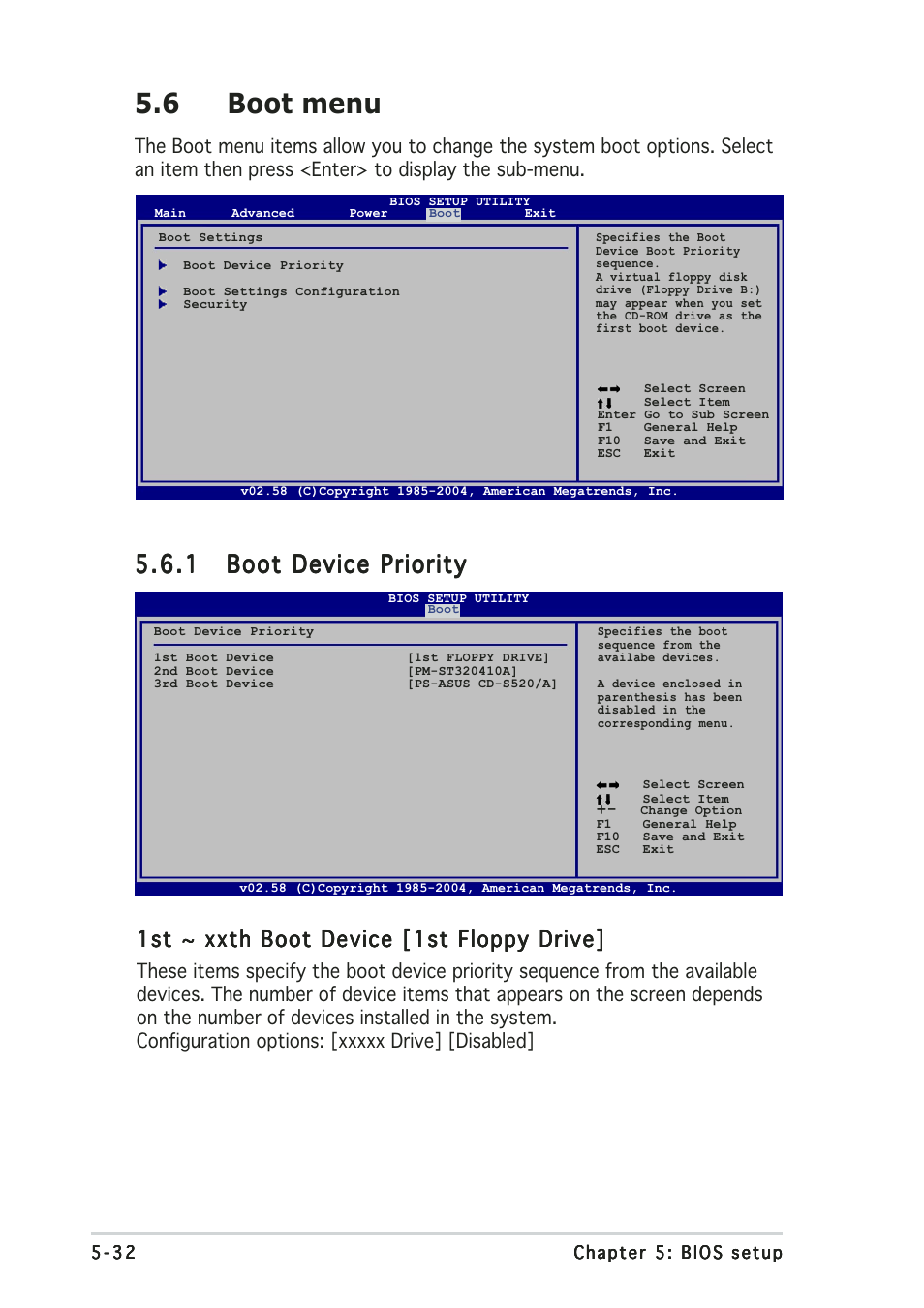 6 boot menu, 1st ~ xxth boot device [1st floppy drive | Asus T2-PE1 User Manual | Page 102 / 110