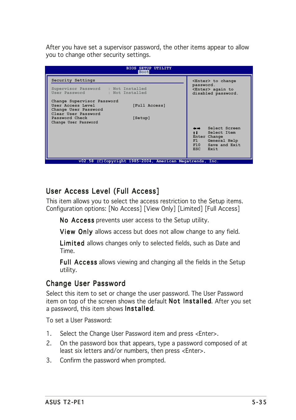 User access level (full access, Change user password | Asus T2-PE1 User Manual | Page 105 / 110