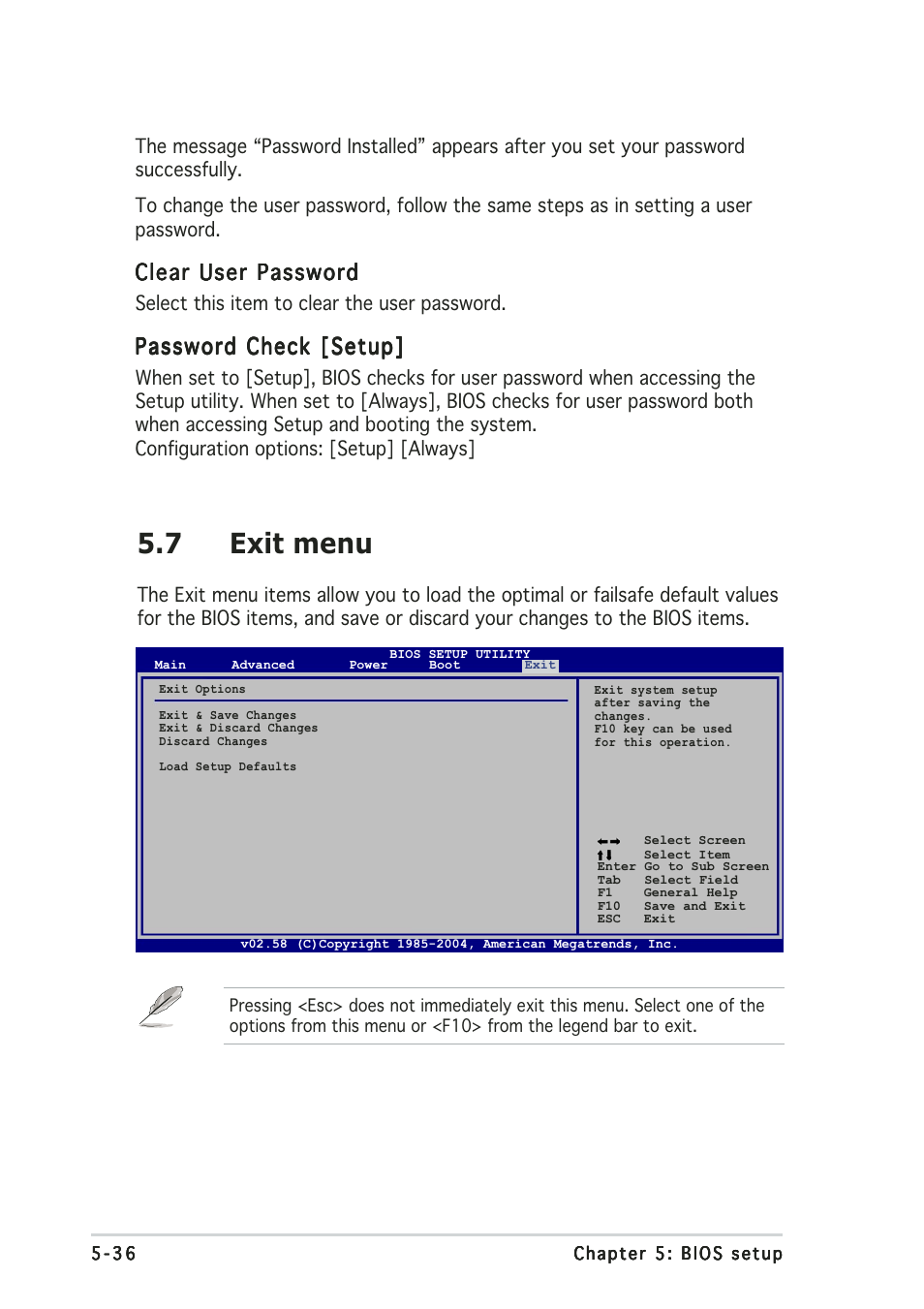 7 exit menu, Clear user password, Password check [setup | Asus T2-PE1 User Manual | Page 106 / 110