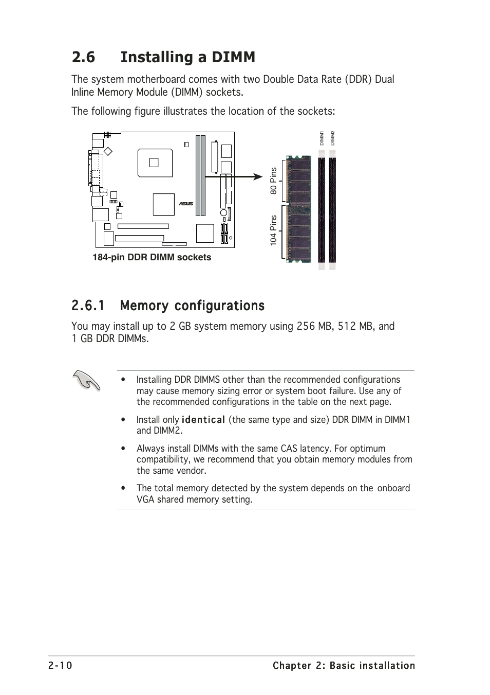 6 installing a dimm | Asus T2-PE1 User Manual | Page 28 / 110