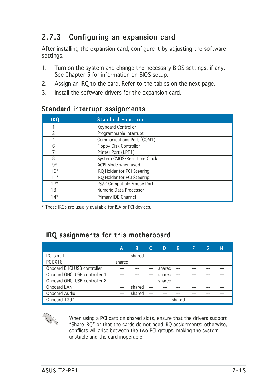 Standard interrupt assignments, Irq assignments for this motherboard | Asus T2-PE1 User Manual | Page 33 / 110