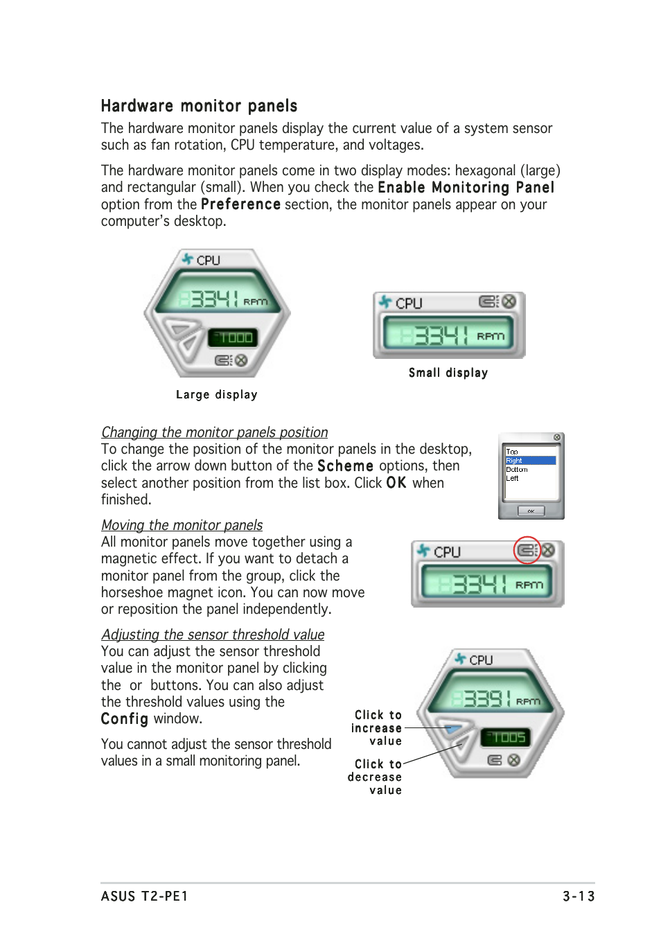 Hardware monitor panels | Asus T2-PE1 User Manual | Page 57 / 110