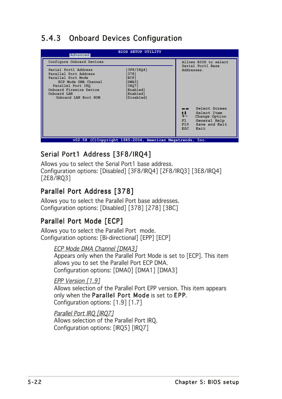 Serial port1 address [3f8/irq4, Parallel port address [378, Parallel port mode [ecp | Asus T2-PE1 User Manual | Page 92 / 110