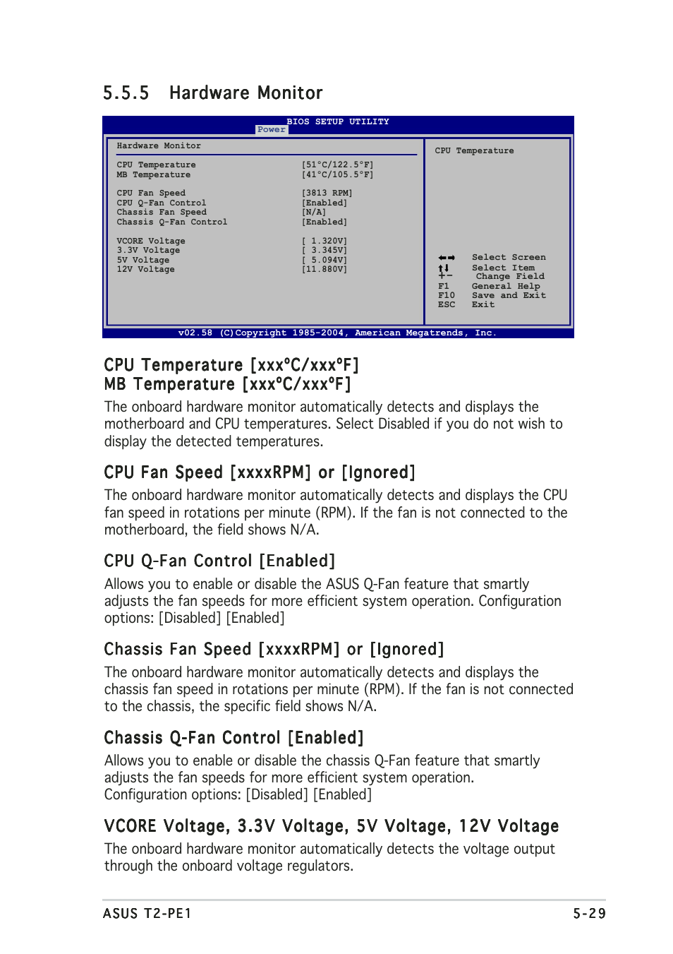 Cpu temperature [xxxºc/xxxºf, Cpu q-fan control [enabled, Chassis q-fan control [enabled | Asus T2-PE1 User Manual | Page 99 / 110