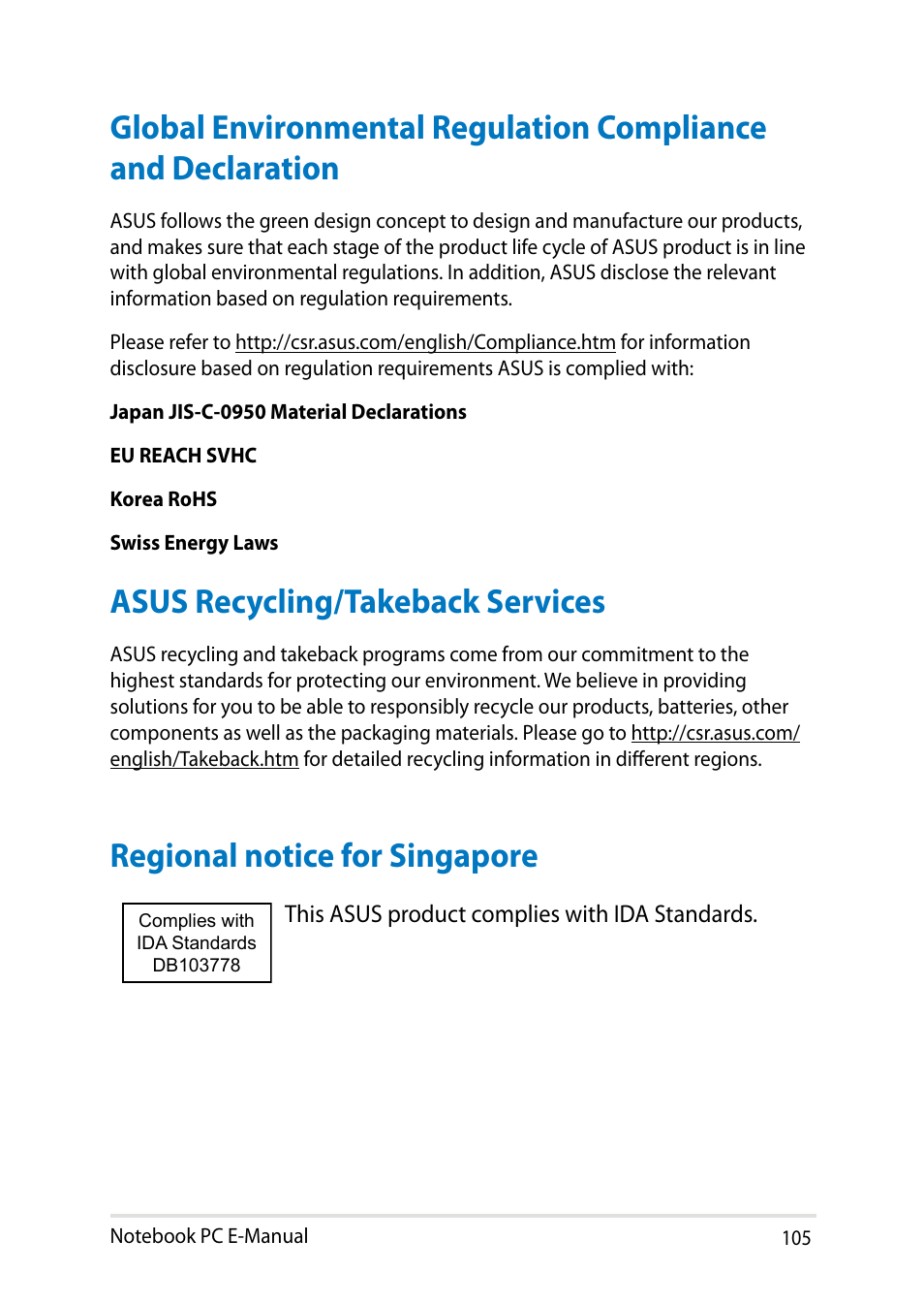 Asus recycling/takeback services, Regional notice for singapore | Asus X451MA User Manual | Page 105 / 110
