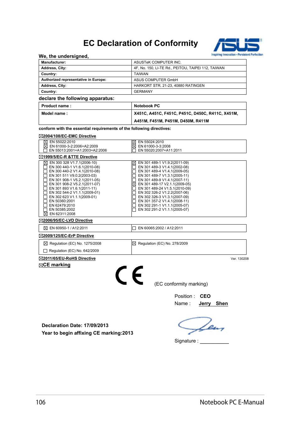 Ec declaration of conformity | Asus X451MA User Manual | Page 106 / 110