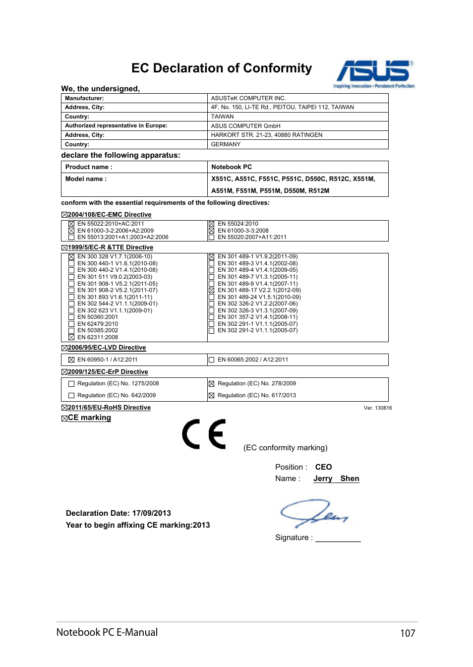 Ec declaration of conformity | Asus X451MA User Manual | Page 107 / 110