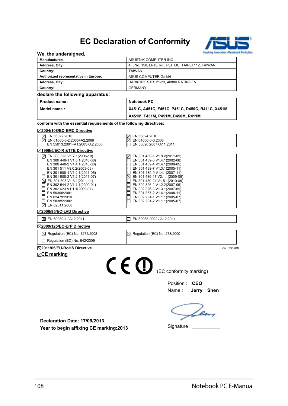 Ec declaration of conformity | Asus X451MA User Manual | Page 108 / 110