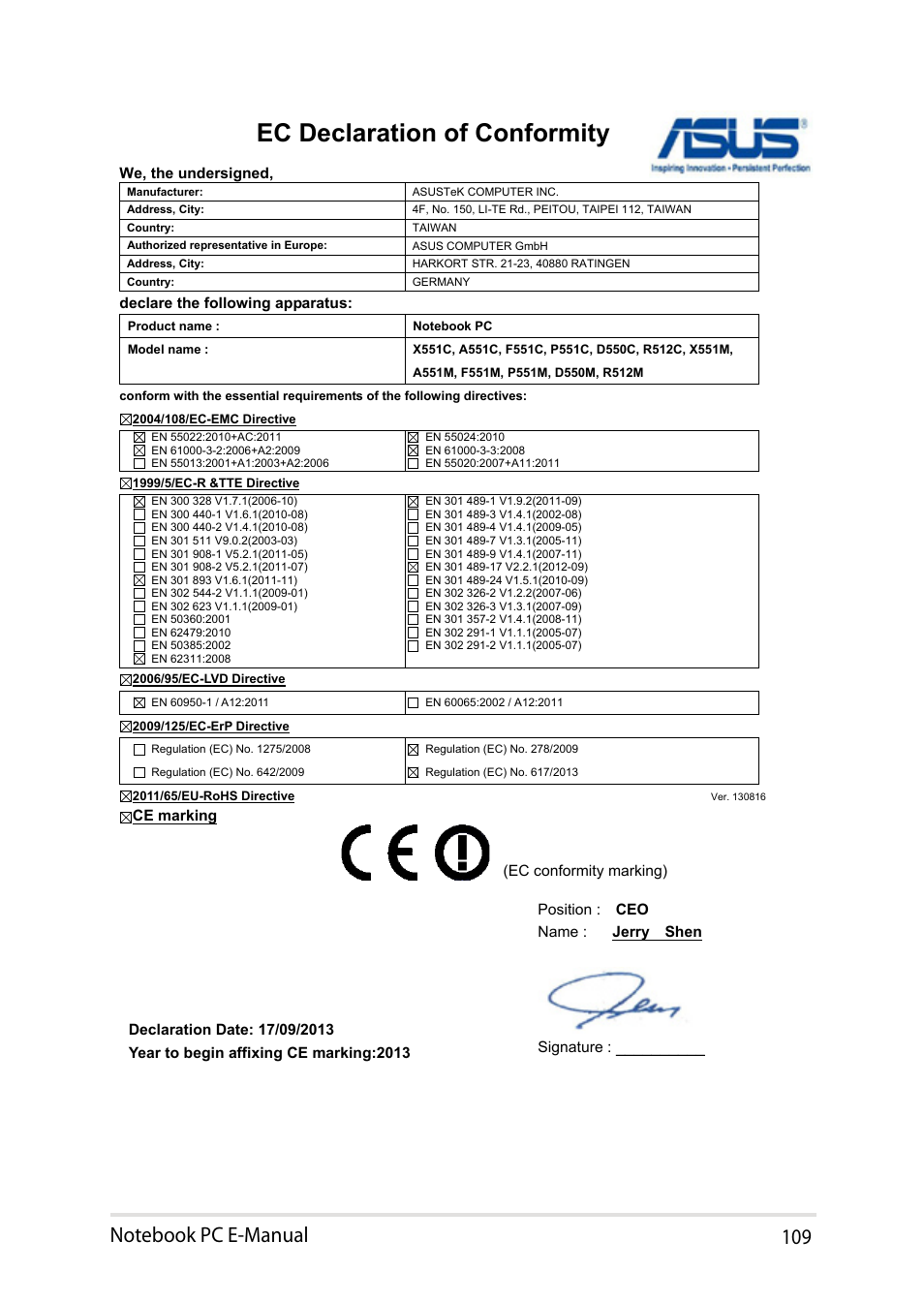 Ec declaration of conformity | Asus X451MA User Manual | Page 109 / 110