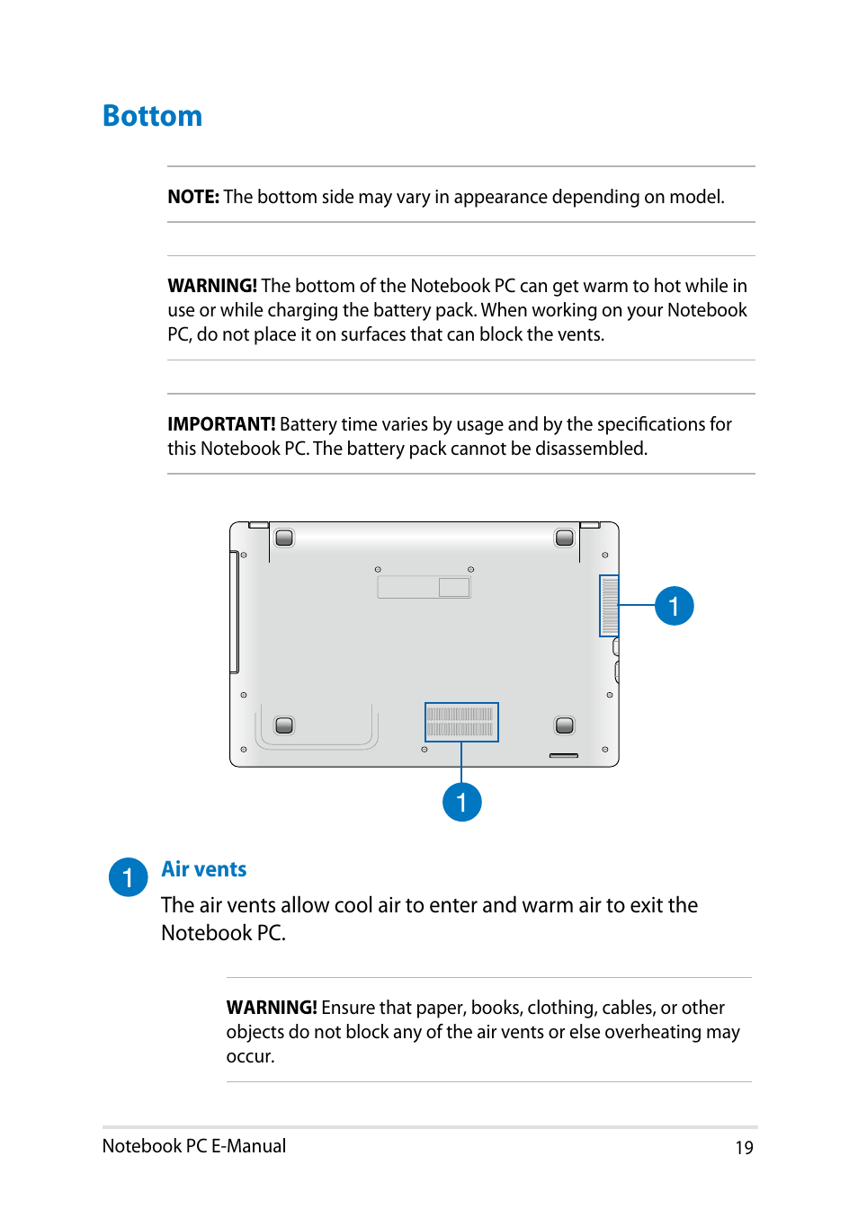 Bottom | Asus X451MA User Manual | Page 19 / 110