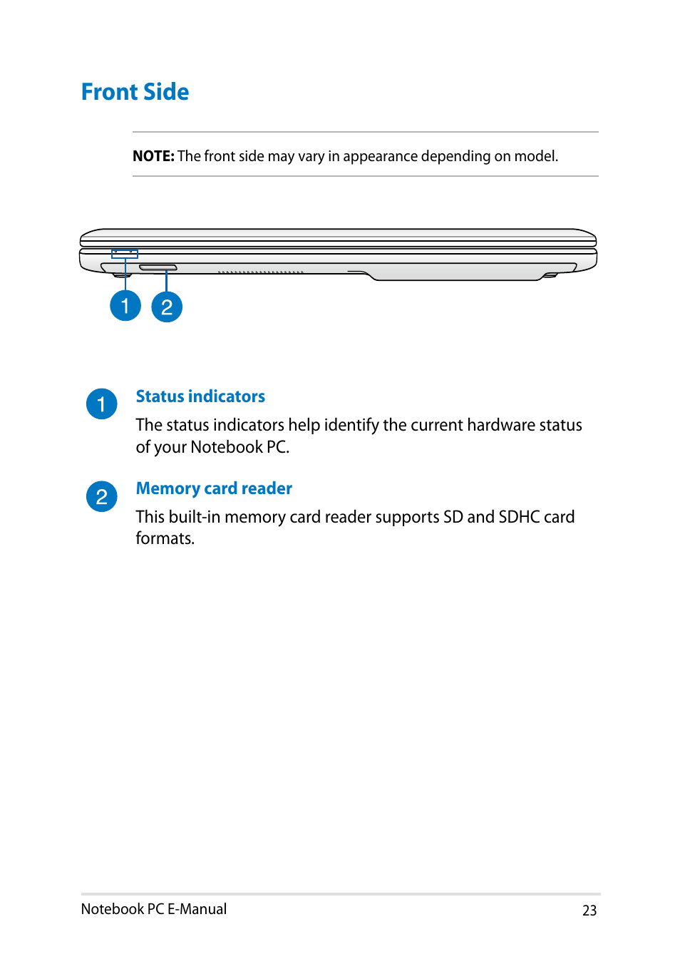 Front side | Asus X451MA User Manual | Page 23 / 110