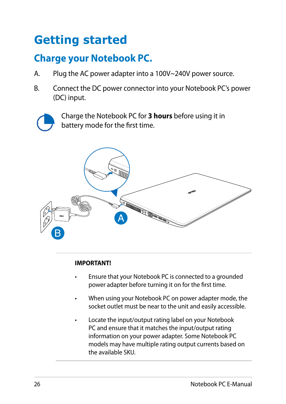 Getting started, Charge your notebook pc | Asus X451MA User Manual | Page 26 / 110