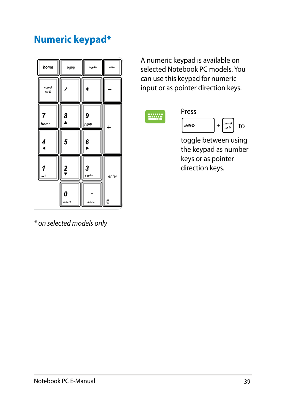 Numeric keypad | Asus X451MA User Manual | Page 39 / 110