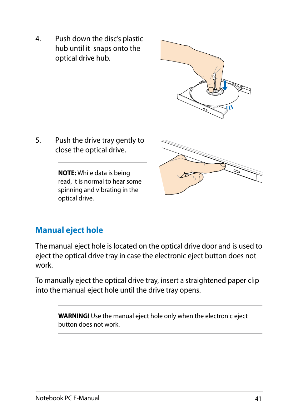 Manual eject hole | Asus X451MA User Manual | Page 41 / 110
