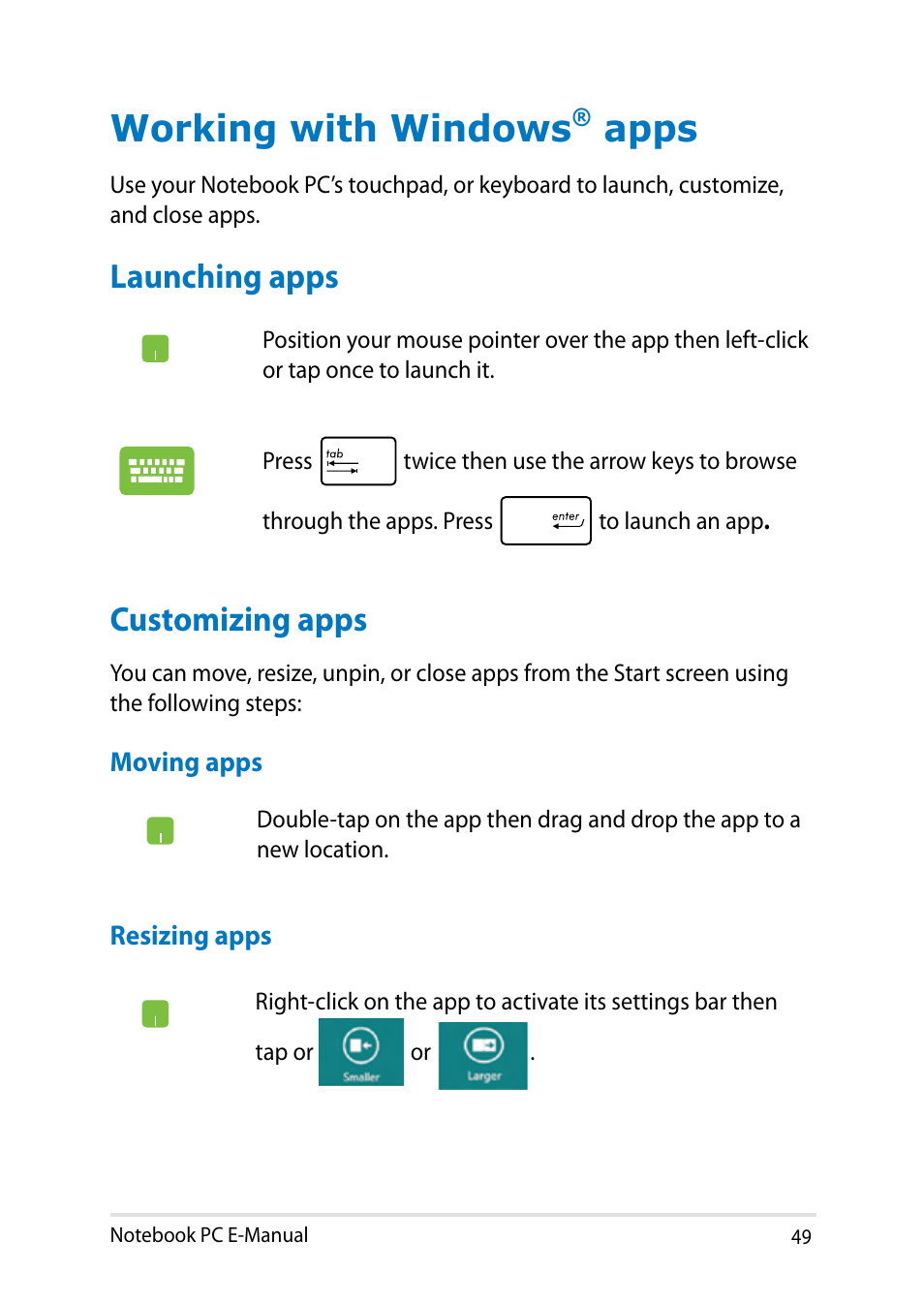 Working with windows® apps, Launching apps, Customizing apps | Working with windows, Apps, Launching apps customizing apps | Asus X451MA User Manual | Page 49 / 110