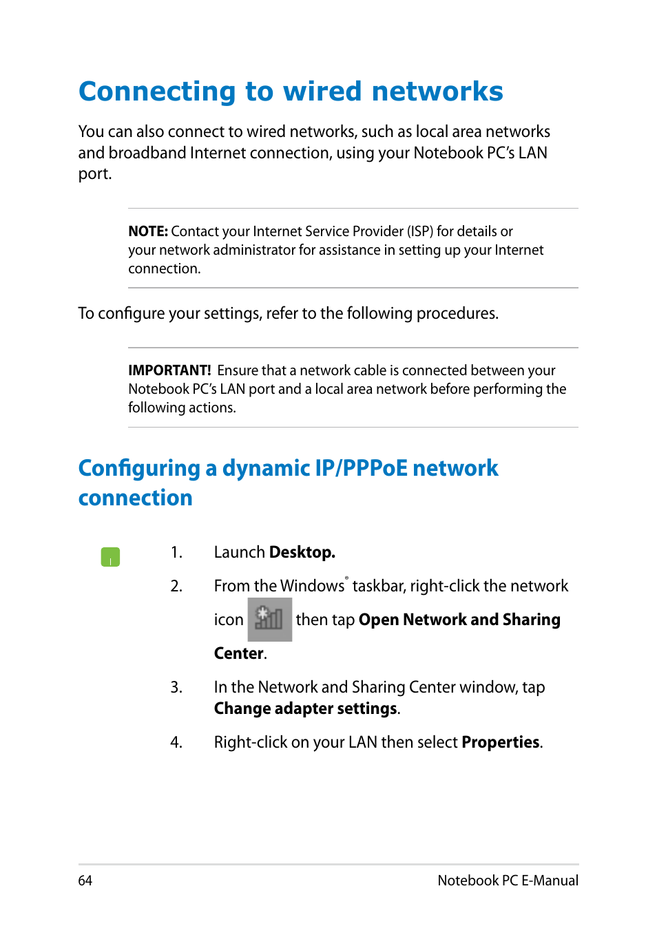 Connecting to wired networks, Configuring a dynamic ip/pppoe network connection | Asus X451MA User Manual | Page 64 / 110