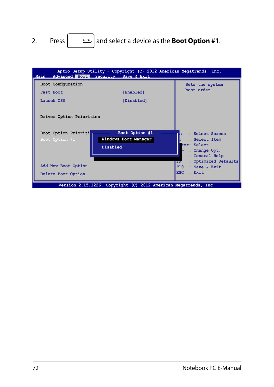 Press and select a device as the boot option #1 | Asus X451MA User Manual | Page 72 / 110