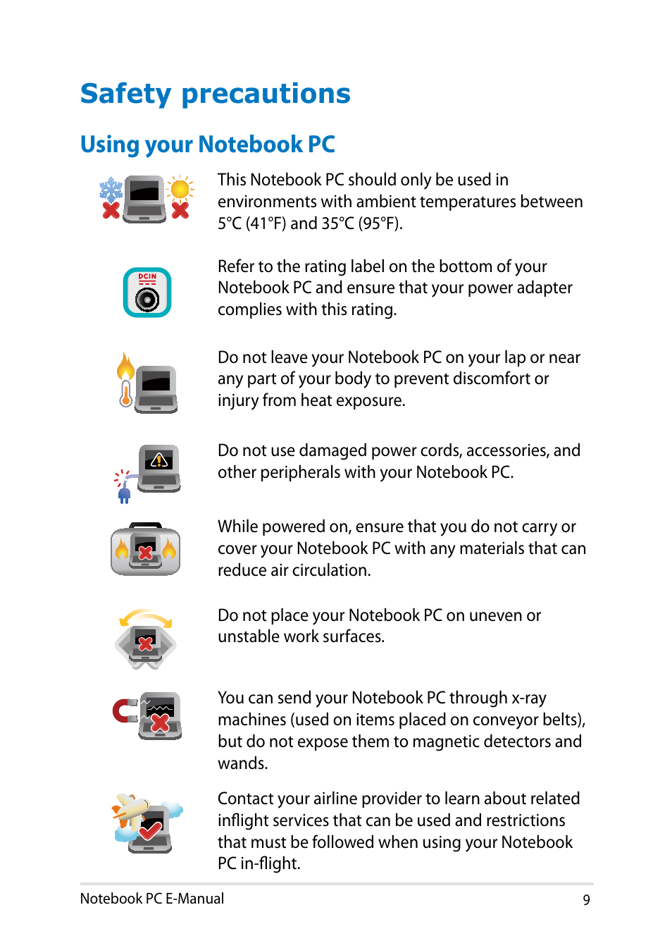 Safety precautions, Using your notebook pc | Asus X451MA User Manual | Page 9 / 110