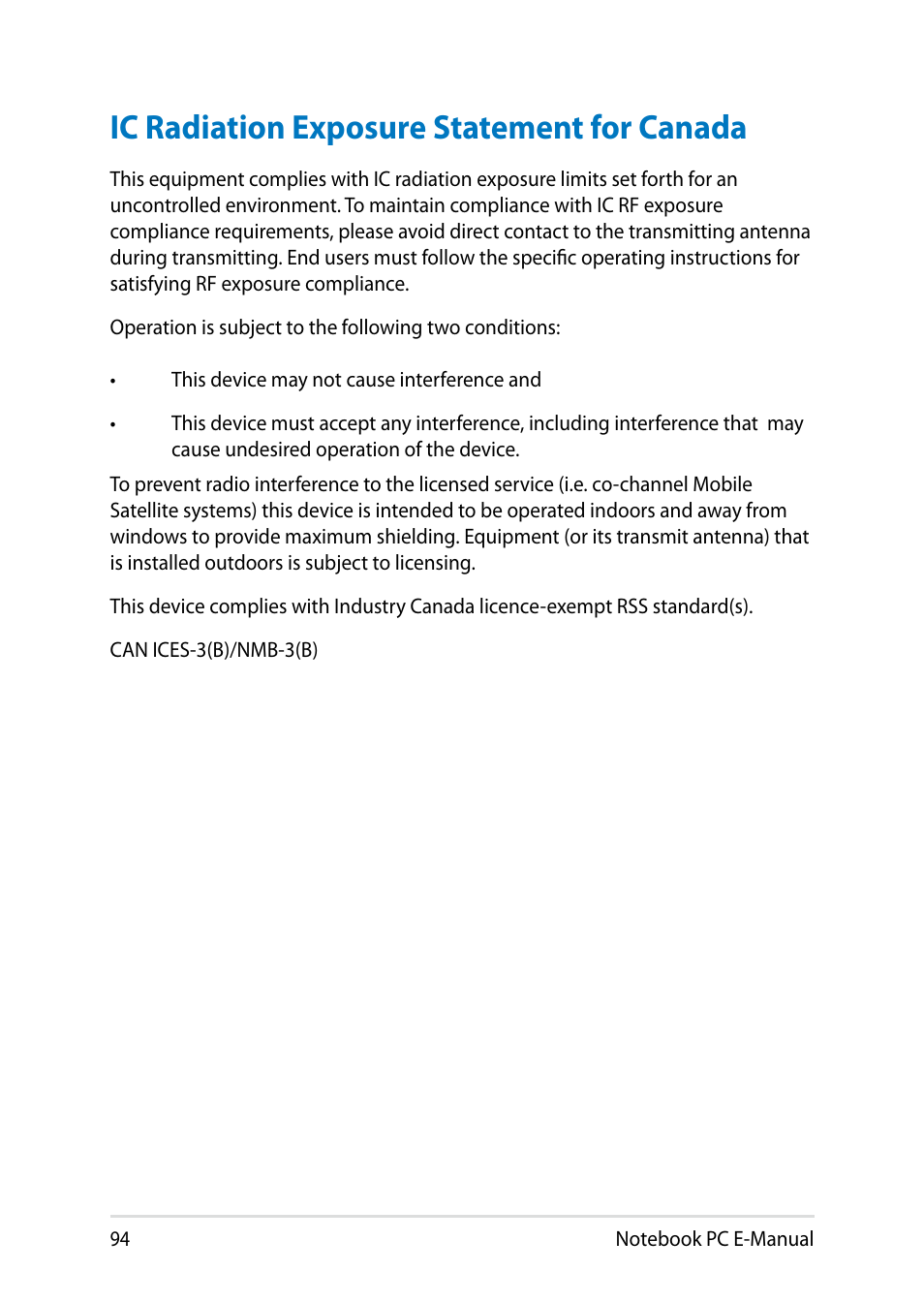 Ic radiation exposure statement for canada | Asus X451MA User Manual | Page 94 / 110