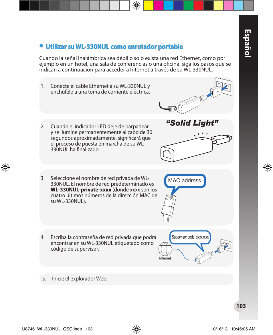 Español, Utilizar su wl-330nul como enrutador portable | Asus WL-330NUL User Manual | Page 103 / 128