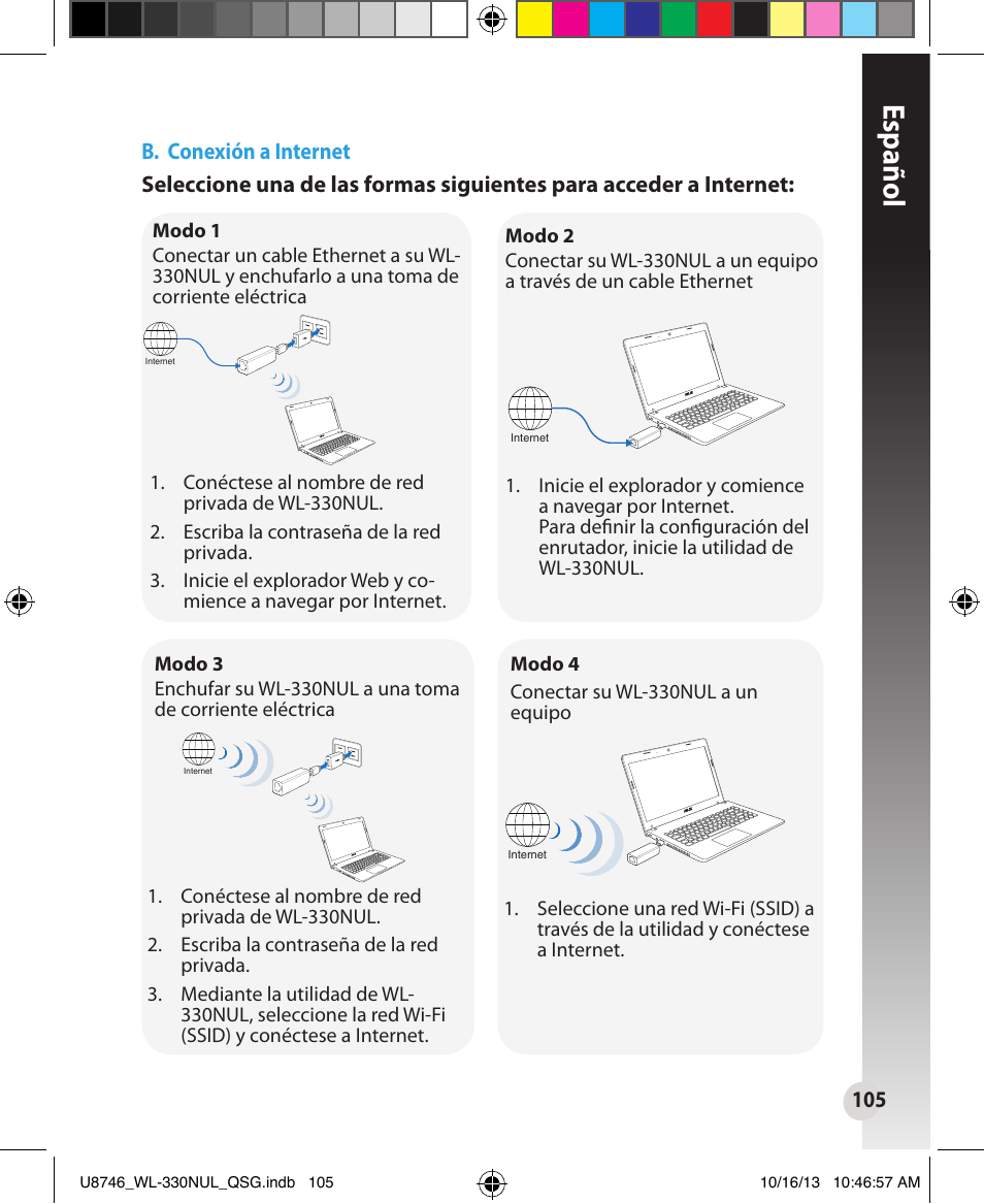 Español, B. conexión a internet | Asus WL-330NUL User Manual | Page 105 / 128