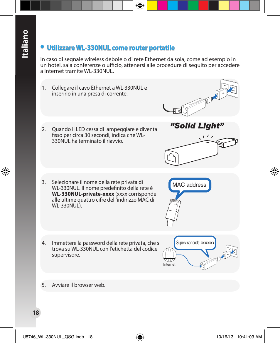 Italiano, Utilizzare wl-330nul come router portatile | Asus WL-330NUL User Manual | Page 18 / 128