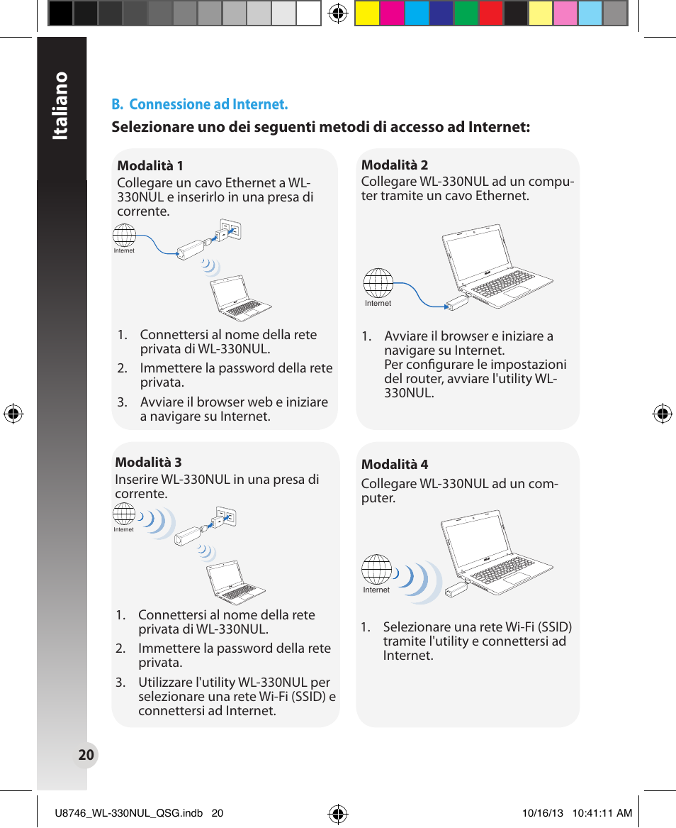 Italiano, 20 b. connessione ad internet | Asus WL-330NUL User Manual | Page 20 / 128