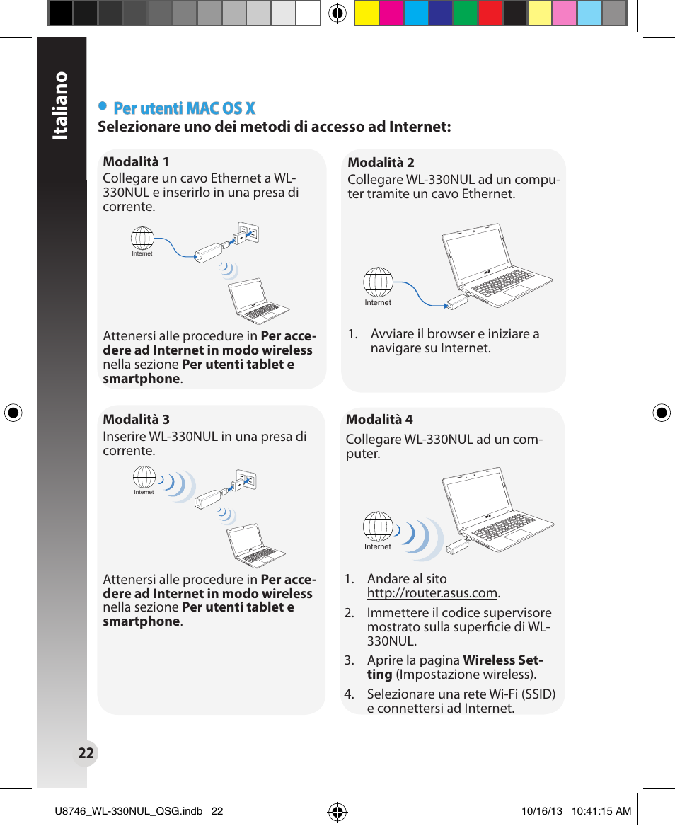 Italiano, Per utenti mac os x | Asus WL-330NUL User Manual | Page 22 / 128