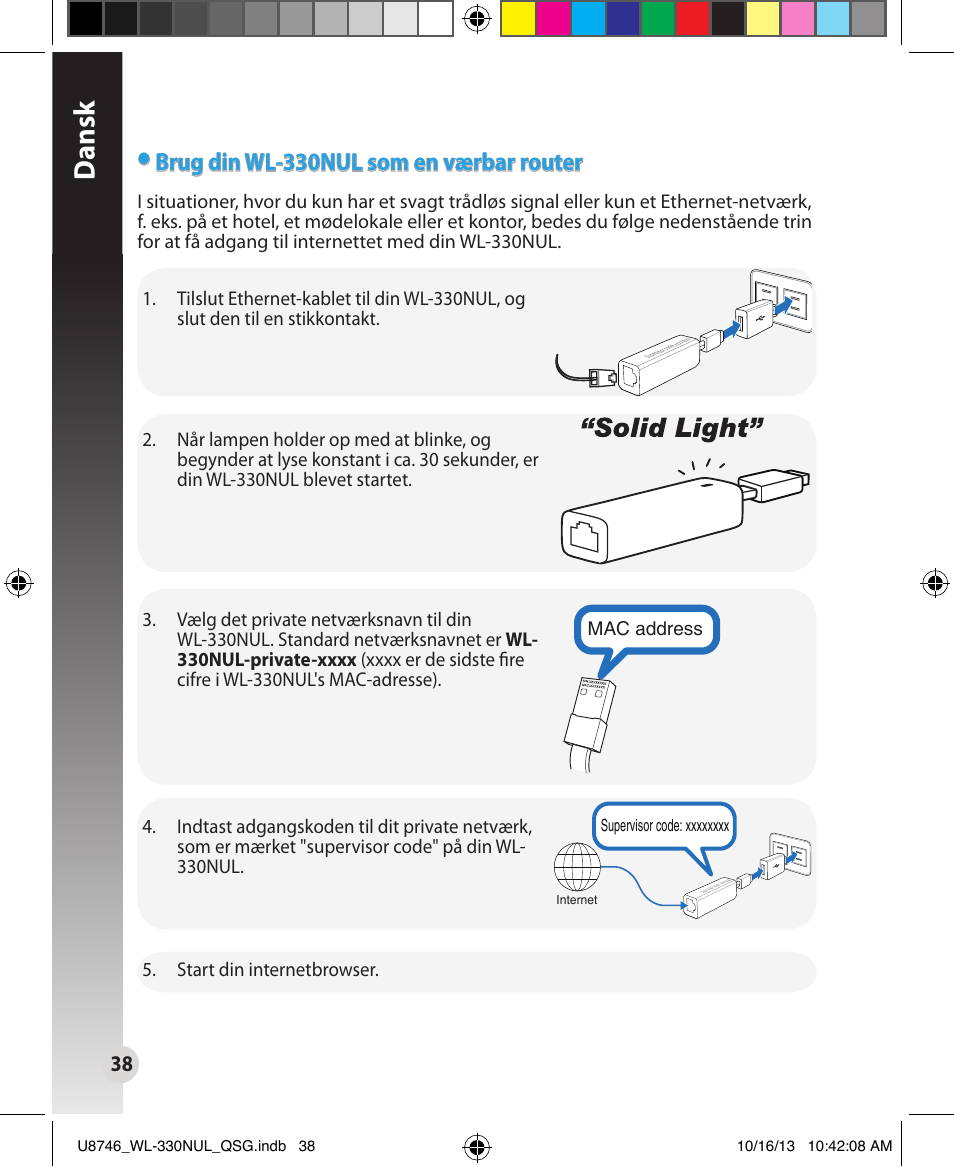 Dansk, Brug din wl-330nul som en værbar router | Asus WL-330NUL User Manual | Page 38 / 128