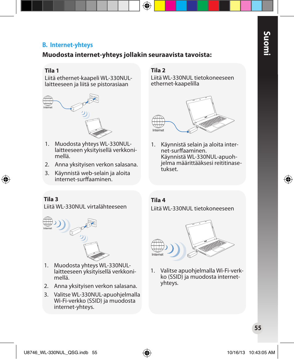 Suomi, B. internet-yhteys | Asus WL-330NUL User Manual | Page 55 / 128