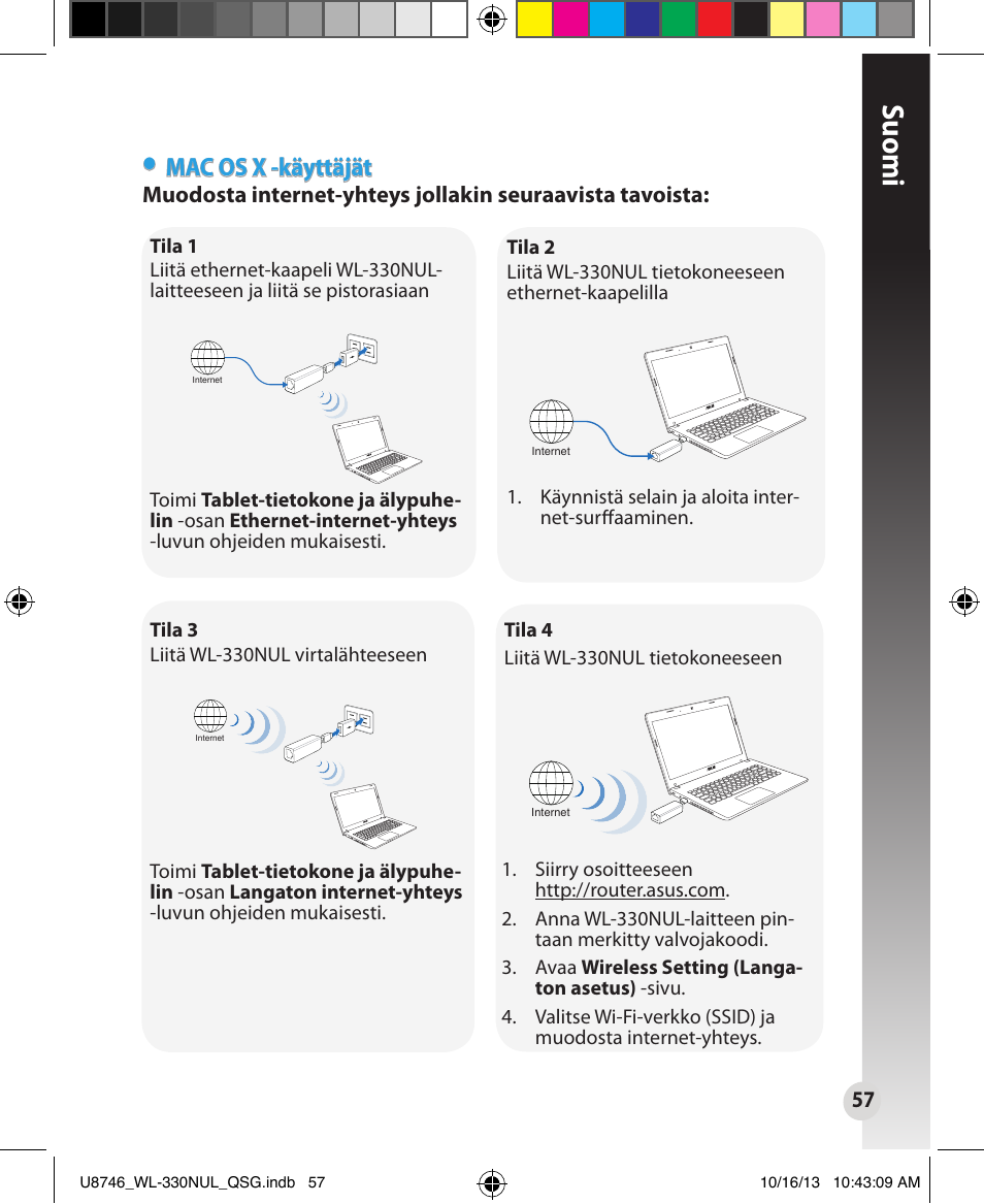 Suomi, Mac os x -käyttäjät | Asus WL-330NUL User Manual | Page 57 / 128